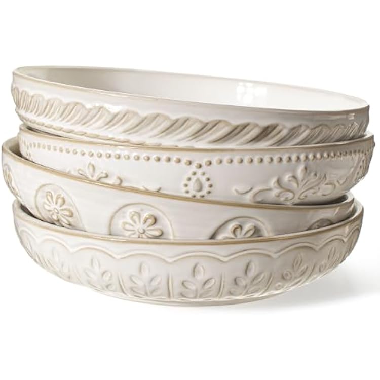 Artena Pasta Bowls, 50oz Large Salad Serving Bowls, 9.75 Plates Bowls Set of 4, Big White Ceramic Soup Bowls for Kitchen, Embossment Shallow Dinner Bowl, Microwave Dishwasher Safe, Multiple Patterns