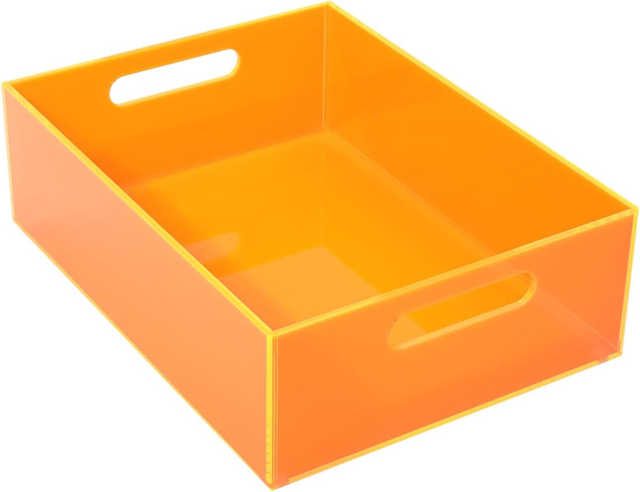 Large Storage Bin Acrylic Pantry Storage Container with Handles Kitchen Organizer Bin for Cabinet Cupboard Organization, Heavy Duty, 15.4 x 11.4 x 5.5, Neon Orange