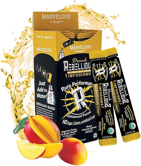 Rebellious Marvelous Mango Organic Drink Mix Zero Calorie Energy Drink Mix | Monk Fruit & Green Tea Extract | L-Theanine  Natural Caffeine | 100% Plant-Based | Pack of 10 | Keto,Gluten-Free
