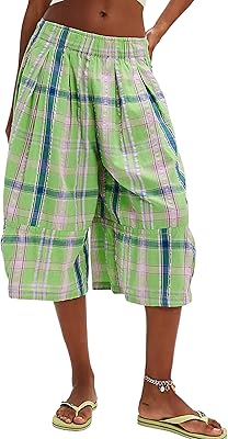 Summer Boho Wide Leg Culotte Pants for Women Casual Loose Elastic Waisted Palazzo Trousers Plaid Capris with Pockets
